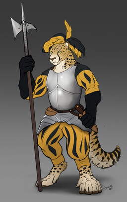 ambiguous_gender anthro armor armored_boots breastplate claws clothed clothing dagger feathers fur gloves gradient_background green_eyes halberd handwear hat headgear headwear looking_at_viewer medieval medieval_armor medieval_clothing melee_weapon polearm simple_background solo weapon yellow_body yellow_fur danero cheetah felid feline mammal hi_res