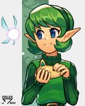 5_fingers blue_eyes clothed clothing duo eyebrows female fingers green_clothing green_hair hair humanoid_pointy_ears musical_instrument not_furry ocarina pointy_ears smile wind_instrument orlek cc-by-nc-nd creative_commons nintendo the_legend_of_zelda saria fairy kokiri 2023 4:5 absurd_res hi_res