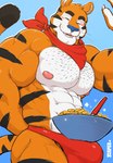 abs anthro biceps big_bulge big_muscles blue_background blush body_hair bowl bulge cereal chest_hair claws clothing container countershading cutlery eyebrows eyes_closed food fur huge_bulge huge_muscles kerchief kitchen_utensils male mascot muscular muscular_anthro muscular_male neckerchief nipples orange_body pecs simple_background smile solo spoon standing teeth thong tools tuft underwear whiskers jasper_fur frosted_flakes kellogg's tony_the_tiger felid mammal pantherine tiger 2022 hi_res signature