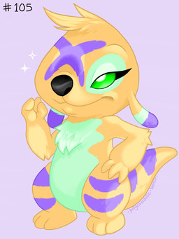 3_fingers 3_toes ambiguous_gender anthro arm_tuft black_nose chest_tuft elbow_tuft eyelashes feet fingers fur green_body green_eyes green_fur hand_on_hip leg_markings lidded_eyes markings multicolored_body multicolored_ears multicolored_fur purple_background purple_body purple_fur purple_markings simple_background solo standing tail tail_markings text toes tuft yellow_body yellow_fur psychedelic-lemur disney lilo_and_stitch fan_character fold_(sketch-lampoon) alien experiment_(lilo_and_stitch) 3:4 artist_name signature