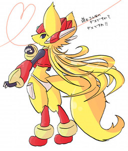 5_fingers anthro big_tail black_clothing black_eyes black_gloves black_handwear clothed clothed_anthro clothing female female_anthro fingerless_gloves fingers footwear fur gloves hair handwear headgear humanoid_hands long_hair looking_at_viewer looking_back looking_back_at_viewer monotone_body monotone_fur panties rear_view red_clothing red_footwear red_shoes red_topwear red_vest shoes solo standing tail text topwear underwear vest white_clothing white_panties white_underwear yellow_body yellow_fur young young_anthro young_female shiokake capcom mega_man_(series) canid canine fox mammal 2010 digital_media_(artwork) japanese_text shaded