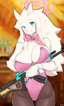 anthro biped blurred_background breasts bunny_costume camel_toe cleavage clothed clothing costume female gun holding_object holding_weapon horizontal_pupils looking_at_viewer pupils ranged_weapon smile solo weapon white_body buta99 vanilla_(buta99) bovid caprine goat mammal 2023 absurd_res hi_res signature