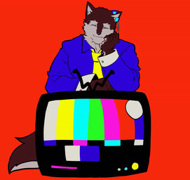 accessory anthro blue_clothing brown_body brown_fur clothing electronics eyes_closed fur male necktie red_background saturated_colors simple_background smile solo tail tail_motion television yellow_necktie mbek furloid utau vocaloid yamaha_corporation aro_rouon canid canine mammal animated colored hi_res