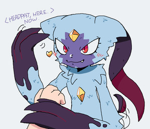 ambiguous_gender anthro black_nose blue_body blue_ears blue_fur blush blush_lines chest_gem claws cute_fangs duo eyelashes fangs forehead_gem fur gem heart_symbol purple_body purple_fur purple_tail red_eyes solo_focus tail tail_motion tailwag teeth text yellow_gem melfunnysmell nintendo pokemon generation_8_pokemon human mammal pokemon_(species) sneasler 2026 english_text hi_res