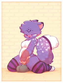 anthro blush bulge clothing dildo female fur genitals haze_mawz hazemawz knot knotted_dildo legwear purple_body purple_eyes purple_fur sex_toy solo star thigh_highs translucent vulva white_body white_fur kai_oshima felid feline mammal hi_res