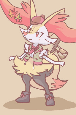 accessory ambiguous_gender anthro ascot bag black_body black_fur blush clothing eyelashes footwear fur furry-specific_jewelry hair_accessory hat headgear headwear inner_ear_fluff orange_body orange_eyes orange_fur orange_nose shoes simple_background solo standing stick topwear tuft vest white_body white_fur yellow_body gd-058 nintendo pokemon braixen canid canine generation_6_pokemon mammal pokemon_(species)