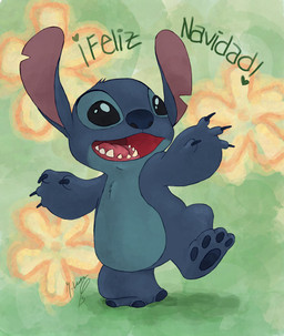4_fingers 4_toes black_eyes blue_body blue_claws blue_fur blue_nose blue_pawpads chest_tuft claws feet fingers fur head_tuft merry_christmas notched_ear on_one_leg open_mouth open_smile pawpads sharp_teeth smile solo standing teeth text toes tuft dglari disney lilo_and_stitch stitch_(lilo_and_stitch) alien experiment_(lilo_and_stitch) 2015 signature spanish_text translated