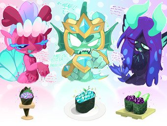 ambiguous_fluids angry armor black_eyes blush caviar crown dialogue ear_fins egg embarrassed excited eyebrows eyelashes female fin food gem gesture green_body group hair hand_gesture headgear horn implied_cannibalism multicolored_body pointing pointing_at_viewer red_body roe_(egg) sharp_teeth split_form sushi teeth text thick_eyebrows translucent translucent_hair trio white_eyes goatboydraws bloons_tower_defense ninja_kiwi mermonkey_(bloons) aquatic haplorhine mammal merfolk monkey primate english_text hi_res