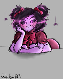 anthro arm_support black_sclera blush butt clothed clothing dark_sclera fangs female glowing glowing_eyes hair leaning leaning_backward leaning_on_elbow looking_at_viewer multi_arm multi_eye multi_limb purple_body purple_eyes purple_skin ribbons simple_background smile solo teeth kailewds undertale undertale_(series) muffet animal_humanoid arachnid arachnid_humanoid arthropod arthropod_humanoid humanoid spider spider_humanoid 4:5 digital_media_(artwork) hi_res
