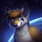 anthro black_markings blue_eyes brown_body brown_fur brown_hair cheek_tuft chest_tuft cosmic_background facial_tuft fangs fur glistening glistening_eyes grey_ears hair looking_aside male markings nude open_mouth open_smile planet smile solo space space_background star teeth text tuft white_body white_fur mylafox canid canine fox mammal 1:1 bust_portrait portrait url