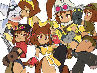 anthro biped blue_eyes blush blush_lines breasts brown_body brown_hair duo eyewear eyewear_on_head female fur goggles goggles_on_head gun hair handgun magenta_eyes ranged_weapon revolver simple_background solo weapon whiskers white_background white_body white_fur yellow_sclera lilkon gameoverse glitch_productions ratchet_and_clank sony_corporation sony_interactive_entertainment kit_bodega rivet_(ratchet_and_clank) domestic_cat felid feline felis lombax mammal 2026 absurd_res crossover hi_res multiple_images