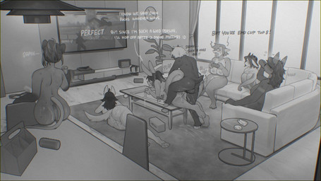 ambiguous_penetration anthro balls big_butt biped bodily_fluids breasts butt can chair container controller cum detailed_background dialogue drinking electronics female female_penetrated furniture genital_fluids genitals group holding_can holding_container holding_controller holding_object inside interspecies larger_female larger_penetrated leaking_cum lying male male/female male_penetrating on_side onomatopoeia open_mouth penetration penile penile_penetration sex sitting size_difference smaller_male sofa sound_effects table tail television text thick_thighs three-quarter_view sincrescent bovid canid canine caprine lagomorph leporid mammal rabbit rodent hi_res