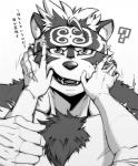 accessory anthro duo face_focus fur headband kemono male multicolored_body multicolored_fur simple_background solo_focus teeth text white_body white_fur ig1119 lifewonders tokyo_afterschool_summoners horkeu_kamui_(tas) canid canine canis human mammal wolf 2018 japanese_text