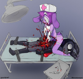 anthro anthro_on_anthro bed bodily_fluids bound clothed clothed_male clothing collar crossdressing death duo femboy furniture gore guts hair hat headgear headwear intestines male male/male nurse_clothing nurse_hat nurse_headwear on_bed open_mouth open_smile organs pink_collar purple_hair smile tears bravobunny bravo_(bravobunny) bat lagomorph leporid mammal rabbit hi_res