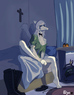 5_fingers 5_toes amber_eyes anthro backpack bed black_boots black_clothing black_footwear boots bottomless breasts choker clothed clothing collared_shirt controller detailed_background dress_shirt elbow_feathers feathered_wings feathers feet female fingers footwear furniture game_controller green_clothing green_shirt green_topwear grey_body grey_hair grey_scales gun hair handgun jewelry long_hair looking_at_viewer medium_breasts necklace off_shoulder on_bed ranged_weapon revolver scales shirt shirt_only shoes sitting sitting_on_bed snout solo text toes topwear topwear_only weapon wings lliyo_(artist) cavemanon_studios goodbye_volcano_high ko_op_(game_developer) snoot_game fang_(gvh) metal_gear_raymba prehistoric_species pterosaur reptile scalie 2025 absurd_res artist_name hi_res watermark