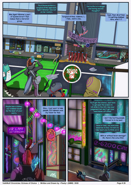 ambiguous_gender anthro city cityscape dialogue fantasy female hologram mohawk piercing science_fiction text fleety_(artist) echoes_of_choice european_mythology greek_mythology mythology fleety_(character) canid canine dragon fox human hydra mammal mythological_creature mythological_scalie scalie valkwulf absurd_res comic english_text hi_res herm_(lore)