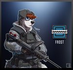 anthro blue_eyes breath canada canadian_flag eyewear glasses gun hair male maple_leaf military_clothing mk1_smg ranged_weapon red_hair solo weapon kambo blue_byte_(game_developer) rainbow_six rainbow_six:_siege tom_clancy's_(series) ubisoft frost_(rainbow_six) jaxxy_fur border_collie canid canine canis collie domestic_dog herding_dog mammal pastoral_dog sheepdog hi_res