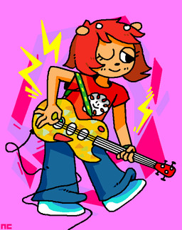 clothed clothing electric_guitar female fur guitar hair musical_instrument orange_body orange_fur plucked_string_instrument red_hair string_instrument unknown_artist parappa_the_rapper sony_corporation sony_interactive_entertainment um_jammer_lammy lammy_lamb bovid caprine mammal sheep