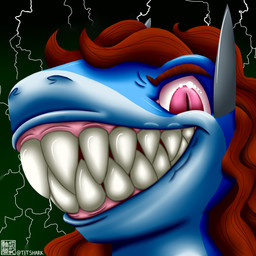 anthro bared_teeth big_tail black_background blue_body blue_skin electricity eyebrows female female_anthro green_background grey_ears hair huge_tail intimidation lightning looking_at_viewer nude nude_anthro nude_female pink_eyes red_eyebrows red_hair scary sharp_teeth showing_teeth simple_background solo stare tail teeth text white_body white_skin white_text shannon_shark_(artist) shannon_shark carpet_shark fish ginglymostomatid marine nurse_shark shark 1:1 absurd_res headshot_portrait hi_res portrait female_(lore)