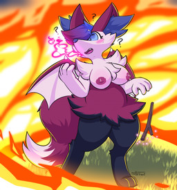 after_transformation alternate_color alternate_form anthro areola blue_eyes blush blush_lines breasts breath_powers elemental_manipulation fangs female female_anthro fire fire_breathing fire_manipulation fur nipples purple_areola purple_body purple_fur purple_nipples solo teeth wings nulloffset nintendo pokemon fan_character magenta_(luminaryem) bat braixen generation_6_pokemon hybrid mammal pokemon_(species) hi_res