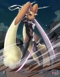 bodysuit breasts brown_body brown_fur clothed clothing dual_wielding female fur holding_melee_weapon holding_object holding_sword holding_weapon melee_weapon skinsuit solo standing star sword tight_clothing torn_clothing weapon rilex_lenov nintendo pokemon lizzy_(rilex_lenov) generation_4_pokemon lagomorph lopunny mammal pokemon_(species) digital_media_(artwork) watermark