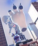 3_toes anthro barefoot building city city_crushing claws clothed clothing feet female foot_fetish foot_focus fur hat headgear headwear imminent_stepping looking_at_viewer macro macro_female pawpads paws piercing soles solo standing text toe_claws toes bigdogenzo blender_cycles epic_games fortnite fortnite:_battle_royale meow_skulls calico_cat domestic_cat felid feline felis mammal 2025 3d_(artwork) blender_(artwork) digital_media_(artwork) hi_res