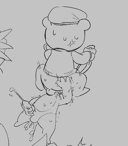 anthro balls beret bodily_fluids clothing cum cumshot duo ear_pull ejaculation genital_fluids genitals hat headgear headwear male male/male masturbation penis penis_mouth sex sweat dapong happy_tree_friends cuddles_(htf) flippy_(htf) bear lagomorph leporid mammal rabbit monochrome