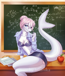anthro apple arm_support big_tail biped blue_clothing blue_dress_shirt blue_eyes blue_shirt blue_topwear bottomwear bra breasts chalkboard classroom cleavage clothed clothing collarbone collared_shirt crossed_legs desk dress_shirt eyelashes eyewear female food fruit fully_clothed furgonomics furniture gills glasses grey_body hair hair_bun holding_eyewear holding_object information_board inside math midriff miniskirt navel non-mammal_breasts on_desk open_clothing open_shirt open_topwear panties pink_hair plant pose school seductive shirt sitting skirt smile solo table tail tail_through_skirt teacher teeth text topwear underwear upskirt white_bottomwear white_clothing imanika aquatic fish shark 2016 digital_media_(artwork) pinup shaded watermark