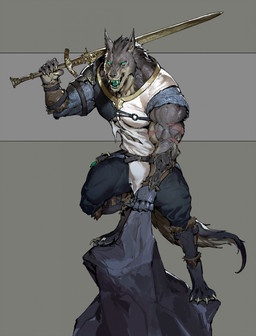 armor belt biceps clothing green_eyes grey_body male melee_weapon muscular scar solo sword torn_clothing warrior weapon pacelic mythology canid canine mammal mythological_canine mythological_creature werecanid werecanine werecreature werewolf hi_res