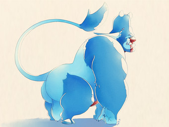 balls belly big_balls big_belly blue_balls blue_body blue_fur blue_hooves blue_tail butt fur genitals hooves horn low_hanging_balls male markings mouth_closed narrowed_eyes nude overweight overweight_humanoid overweight_male red_markings side_view simple_background solo tail tail_tuft teeth tuft white_background white_horn chocolateandmilk humanoid
