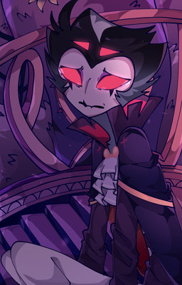 anthro bodily_fluids cape clothing crying detailed_background formal_clothing formal_wear frown fur grey_body grey_fur grey_hair hair looking_at_viewer male red_eyes sad short_hair sitting solo stairs tears white_face teathekook hellaverse helluva_boss stolas_(helluva_boss) avian bird owl owl_demon hi_res