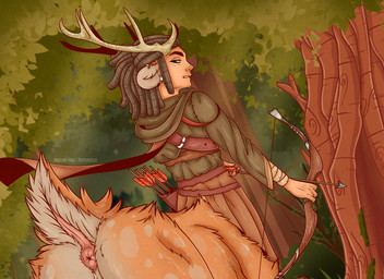 annoyed antlers anus archer arrow_(weapon) bow_(weapon) dreadlocks ear_piercing forest freckles hood horn looking_at_viewer looking_back male piercing plant presenting presenting_anus raised_tail ranged_weapon scut_tail short_tail solo tail text tree weapon zuckergelee deer deer_taur mammal mammal_taur taur 11:8 2025 hi_res url