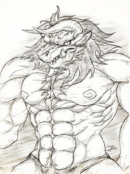 abs anthro barely_visible_genitalia barely_visible_penis big_muscles bottomwear clothed clothing front_view genitals huge_muscles inner_ear_fluff male mane mouth_closed muscular muscular_anthro muscular_male nipples pecs penis penis_base pupils simple_background slit_pupils solo topless tuft crazydrak mythology dragon mythological_creature mythological_scalie scalie 2013 dated hi_res monochrome signature