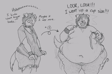 anthro before_and_after belly big_belly bracelet breasts clothed clothing collar ear_piercing fangs female hair hair_over_eye happy jewelry looking_at_viewer navel nipples obese obese_anthro obese_female open_mouth open_smile overweight overweight_anthro overweight_female pendant piercing ring simple_background small_breasts smile solo spiked_bracelet spikes stretch_marks tail tail_motion tailwag tape_measure teeth text topless weight_gain wenisberry ashley_(wenisberry) canid canine canis domestic_dog mammal 2026 english_text greyscale monochrome trans_(lore) trans_woman_(lore)