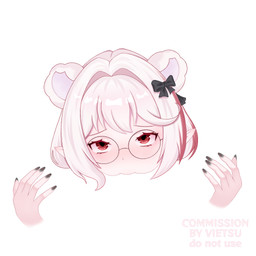 accessory bow_ribbon colored_nails eyewear female fingers furrowed_eyebrows glasses hair hair_accessory hair_bow hair_ribbon humanoid_pointy_ears light_body light_skin looking_up nails pink_hair pointy_ears red_eyes ribbons simple_background solo text white_background vietsu animal_humanoid humanoid 1:1 hi_res