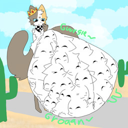 abdominal_bulge anthro belly big_belly cactus checkered checkered_clothing checkered_scarf clothing crown endosoma face_imprint headgear huge_belly hyper hyper_belly imprint male male_pred mass_vore mostly_nude multiple_prey navel pattern_clothing pattern_scarf paw_imprint plant rumbling_stomach safe_vore scarf scarf_only simple_background solo text vore liwenenix liwen calico_cat domestic_cat felid feline felis mammal 1:1 english_text hi_res