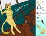 anchor anthro blonde_hair blue_eyes boat eye_patch eyewear featureless_crotch fur hair hook hook_hand horn male multicolored_tail pawpads pink_pawpads rope solo tail text unicorn_horn vehicle watercraft yellow_body yellow_ears yellow_fur yellow_tail knightxayvion jackal_the_pirate_unikitty domestic_cat felid feline felis mammal absurd_res english_text hi_res model_sheet