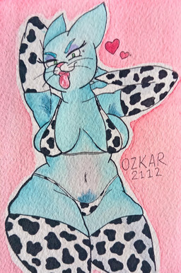 animal_print animal_print_bikini animal_print_thigh_highs anthro armpit_hair barely_contained barely_contained_breasts bikini blue_body blue_fur body_hair clothing cow_print cow_print_bikini cow_print_thigh_highs eyelashes eyeshadow female fur green_eyes hands_behind_head hands_behind_own_head heart_symbol hearts_around_head humanoid_hands legwear long_eyelashes looking_at_viewer makeup navel pattern_bikini pattern_clothing pattern_legwear pattern_swimwear pattern_thigh_highs pink_background pink_nose pink_tongue pube_peek pubes purple_eyeshadow raised_arm simple_background solo swimwear thick_thighs thigh_highs tongue two-piece_swimsuit whiskers ozkar2112 cartoon_network the_amazing_world_of_gumball nicole_watterson domestic_cat felid feline felis mammal english_description hi_res painting_(artwork) traditional_media_(artwork) watercolor_(artwork)