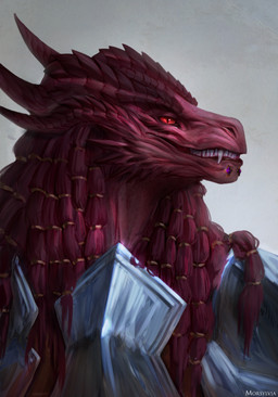 anthro armor braided_hair cheek_spikes dreadlocks facial_piercing facial_spikes fangs hair horn lip_piercing long_hair male piercing pupils red_body red_eyes red_hair red_scales scales slit_pupils smile smiling_at_viewer smirk snout solo spikes spikes_(anatomy) teeth morsylvia dungeons_and_dragons hasbro wizards_of_the_coast jinsash_(heatseekerdiin) dragonborn_(dnd) scalie 2025 bust_portrait hi_res portrait story story_in_description