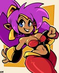 bandeau blue_eyes breasts brown_body brown_skin cleavage clothed clothing crown ear_piercing ear_ring female fingers hair headgear humanoid_pointy_ears long_hair navel not_furry piercing ponytail purple_hair ring_piercing smile solo tiara topwear legendofnerd shantae_(series) wayforward shantae genie humanoid 2022 4:5 hi_res signature