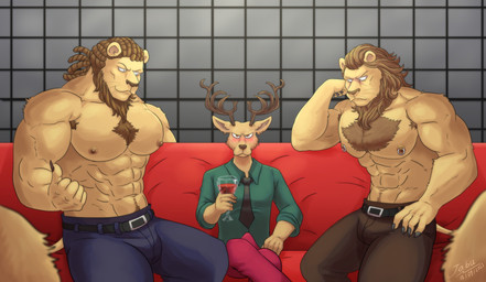 abs alcohol anthro antlers armpit_hair barazoku belt beverage big_muscles blush body_hair bottomwear chest_hair claws clothed clothing collared_shirt container cup denim denim_bottomwear denim_clothing dreadlocks dress_shirt drinking_glass erection erection_under_clothing flustered furniture glass glass_container glass_cup group hair happy_trail holding_glass holding_object horn inside jeans looking_at_another male mane muscular muscular_anthro muscular_male narrowed_eyes navel necktie nipple_piercing nipple_ring nipples obliques on_sofa pants pecs piercing pubes ring_piercing shirt sitting size_difference sofa tenting topless topless_male topwear trio_focus wine wine_glass jabuhusky beastars dolph_(beastars) louis_(beastars) miguel_(beastars) cervine deer felid lion mammal pantherine red_deer 2021 absurd_res hi_res