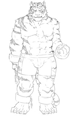 5_toes abs anthro biceps biped feet fur humanoid_feet male markings muscular muscular_anthro muscular_male muscular_thighs pecs plantigrade solo striped_body striped_fur striped_markings striped_tail stripes tail tail_markings toes gindan felid mammal pantherine tiger 2019 2:3 hi_res monochrome