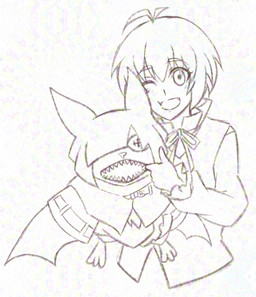 anthro cloak clothing cowl duo male one_eye_closed sharp_teeth size_difference smile teeth wings wink junandkuu bandai_namco digimon digimon_beatbreak makoto_kuonji chiropmon digimon_(species) human mammal hi_res
