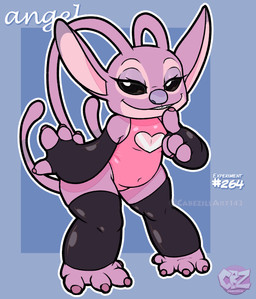 4_fingers 4_toes antennae_(anatomy) antennae_markings anthro biped black_eyes blue_background chest_markings claws clothed clothing ear_markings eyelashes eyeshadow feet female fingers gesture hand_gesture handwear latex latex_clothing latex_handwear latex_legwear legwear lidded_eyes logo long_antennae looking_at_viewer makeup markings navel_outline pink_body purple_claws purple_markings purple_nose raised_finger raised_index_finger simple_background smile solo text toes white_markings cabezilla disney lilo_and_stitch angel_(lilo_and_stitch) alien experiment_(lilo_and_stitch) 2026 artist_logo artist_name character_name digital_drawing_(artwork) digital_media_(artwork) english_text hi_res watermark