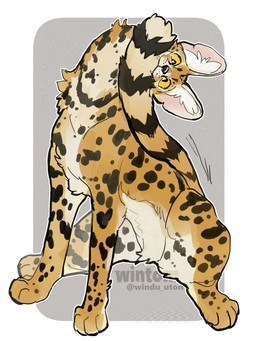 ambiguous_gender bite feral fur head_tilt inner_ear_fluff looking_at_viewer markings paws simple_background solo spots spotted_body spotted_fur striped_markings striped_tail stripes tail tail_bite tail_in_mouth tail_markings tan_body tan_fur text tuft white_body white_fur yellow_sclera wintom felid feline mammal serval artist_name digital_drawing_(artwork) digital_media_(artwork)