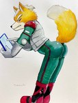 anthro blush bodysuit boots bulge butt clothing footwear fur green_eyes male orange_body orange_fur shoes skinsuit solo tight_clothing ulala_ko nintendo star_fox fox_mccloud canid canine fox mammal hi_res