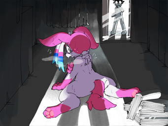 ambiguous_gender attempted_suicide bodily_fluids book book_stack closet covering covering_mouth crying detailed_background duo feral looking_back lying male mirror pawpads paws rope_around_neck sad shadow shocked sploot standing suicide_attempt tears text netchy_boo nintendo pokemon eeveelution generation_6_pokemon human mammal pokemon_(species) sylveon 4:3 japanese_text translated