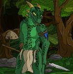 anthro biped bottomwear clothed clothing detailed_background fangs feathers forest front_view green_body horn loincloth looking_at_viewer male melee_weapon nature outside plant polearm rock smile solo spear spots standing teeth topless tree tribal weapon yellow_eyes veggie55 microsoft the_elder_scrolls argonian reptile scalie green_theme