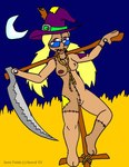 anthro blade blade_arm bladed_weapon blonde_hair bound button_nipples clothing eyewear female genitals hair hat headgear headwear melee_weapon moon nailed night nude nude_female polearm scarecrow scythe sewn_mouth solo sunglasses tied_to_pole weapon weapon_hand witch_hat rancid living_scarecrow patchwork_creature undead