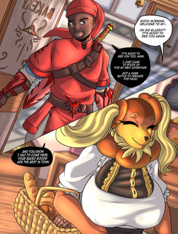 anthro bakery big_breasts bread breasts clothed clothed_anthro clothed_female clothed_human clothed_male clothing dark_body dark_skin duo facial_hair female food hat headgear headwear male male/female melee_weapon sword text weapon lobovalkiria nintendo pokemon blazerlink tasha_(dachsbun) dachsbun generation_9_pokemon human humanoid mammal pokemon_(species) absurd_res comic english_text hi_res